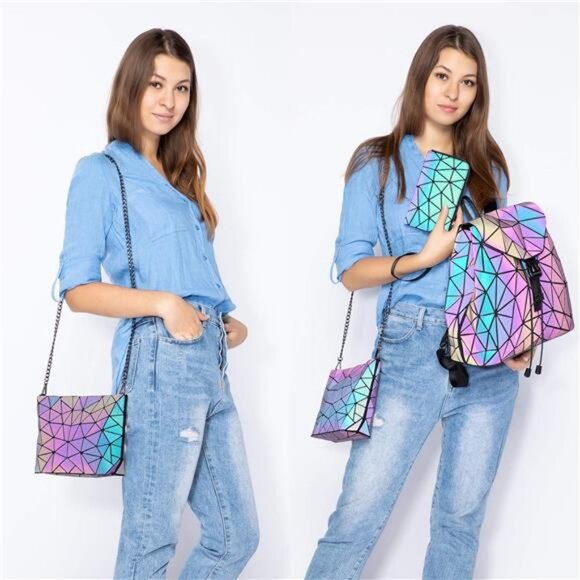 Geometric Luminous Bag Holographic Reflective Bag Backpack Wallet Clutch Set - Picture 2 of 7